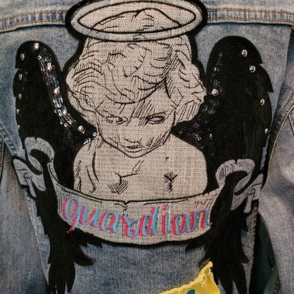 Vintage '90s Streetwear Denim Jacket Blue Patch Patches Angel Thrasher 2x - Picture 2 of 8